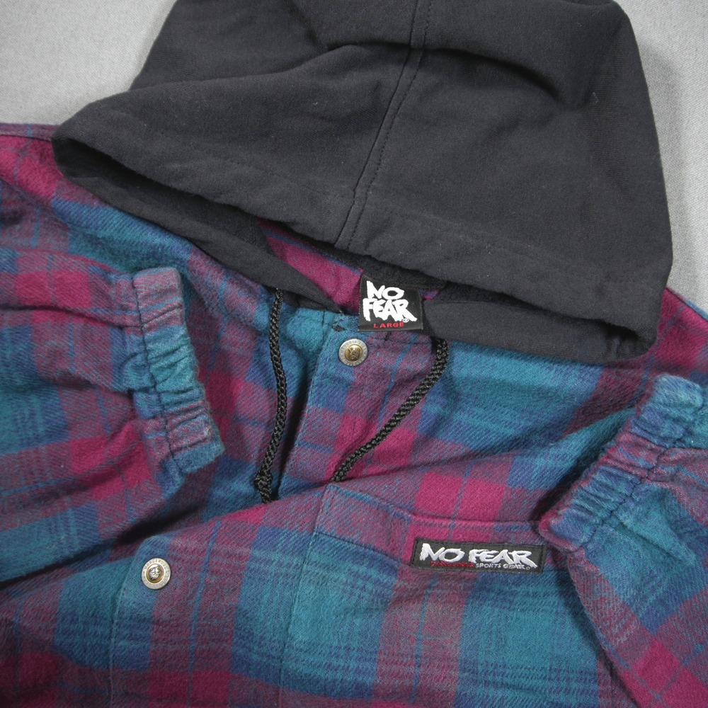 VTG 90s USA No Fear Plaid Hooded Flannel Men Shirt L Shacket Sweater Skate